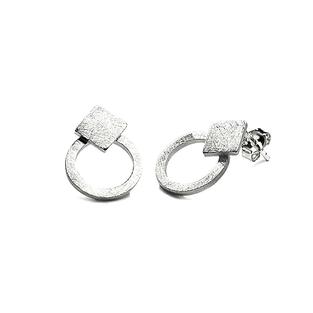 Earrings Silver 925 - Delicate Circle and Square Brushed Matte | Colibri Art